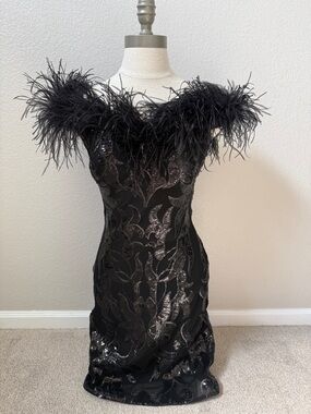 Jovani Black Sequin Mini Off the Shoulder Dress with Feather Trim